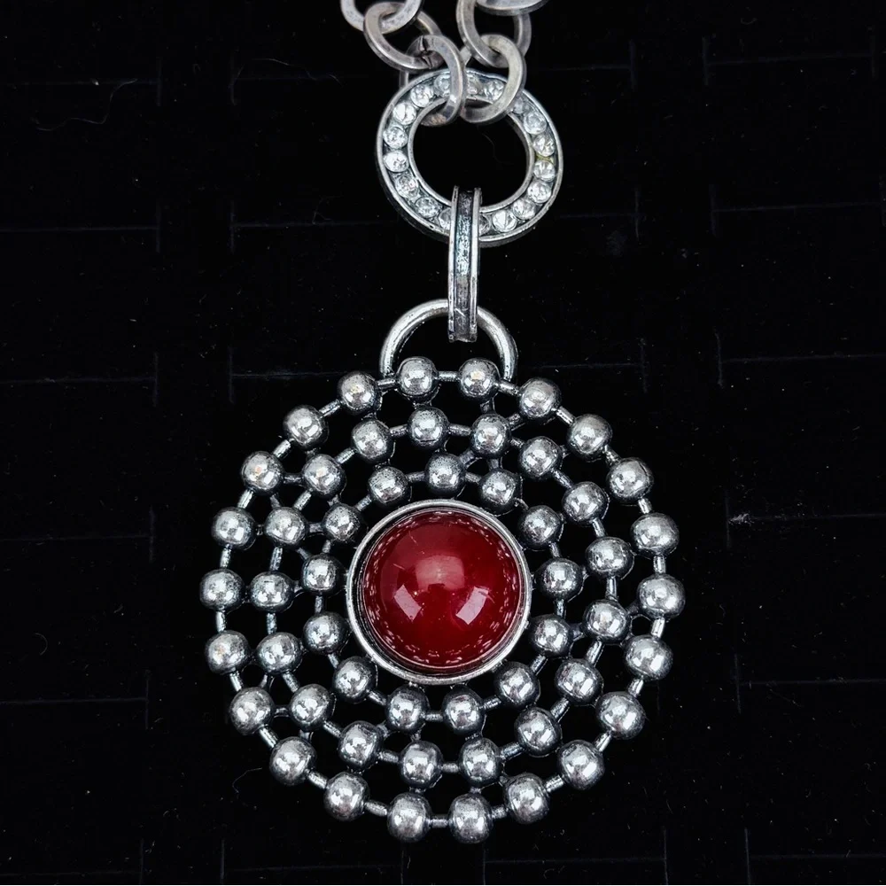 Vintage Aged Silvertone Weighted Red Pendant Necklace